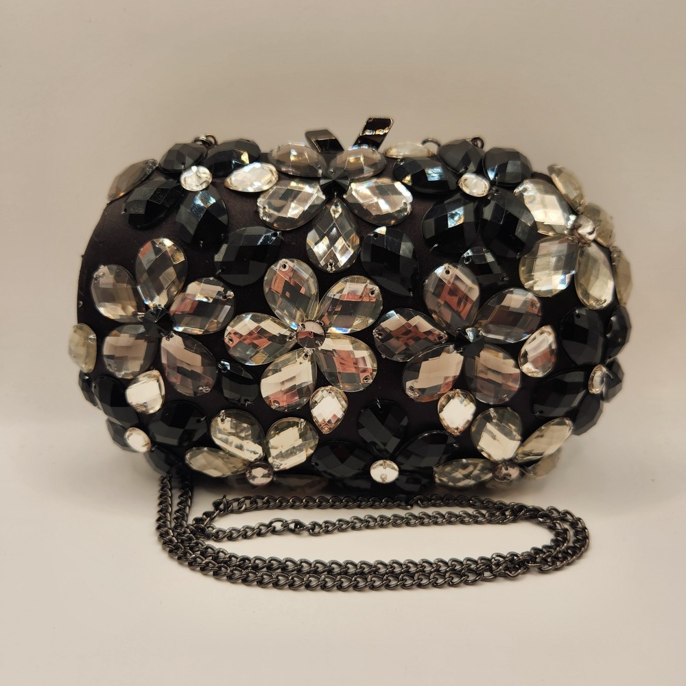 New Olga Berg Victoria Black Embellished Floral Crystal Hard Shell Clutch Bag B